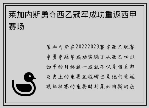 莱加内斯勇夺西乙冠军成功重返西甲赛场