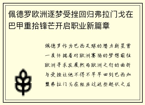佩德罗欧洲逐梦受挫回归弗拉门戈在巴甲重拾锋芒开启职业新篇章